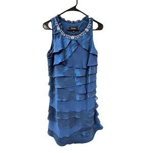 ✌️ 2/$40 Blue Layered Below Knee Elegant Dress with Rhinestone Rounded Neck sz 8